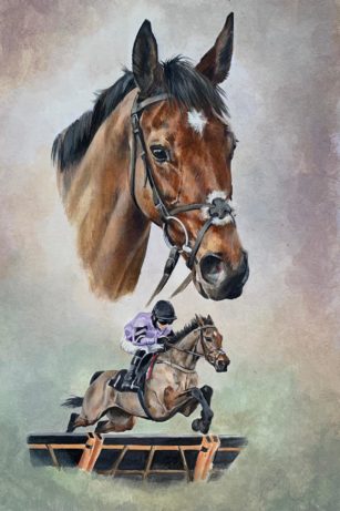 portrait of racehorse Stage Star and and action scene